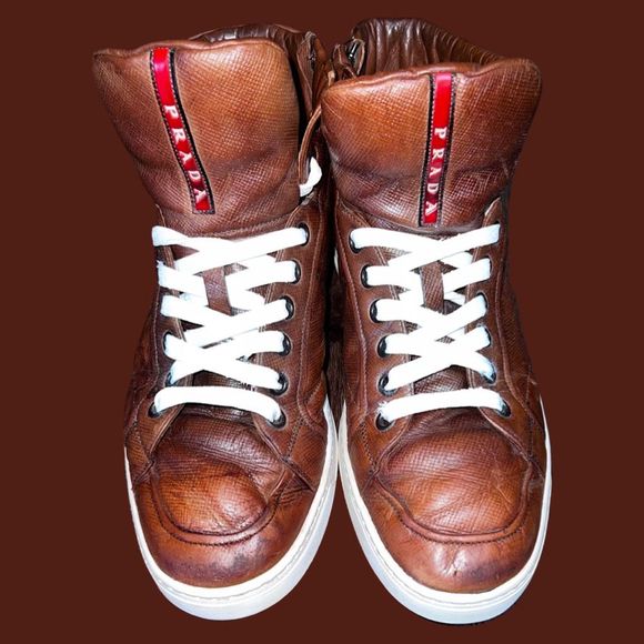 Prada Mens Old Nappa Leather High Top Sneaker Designer Calzature Uomo Size 8.5 F - Picture 2 of 10